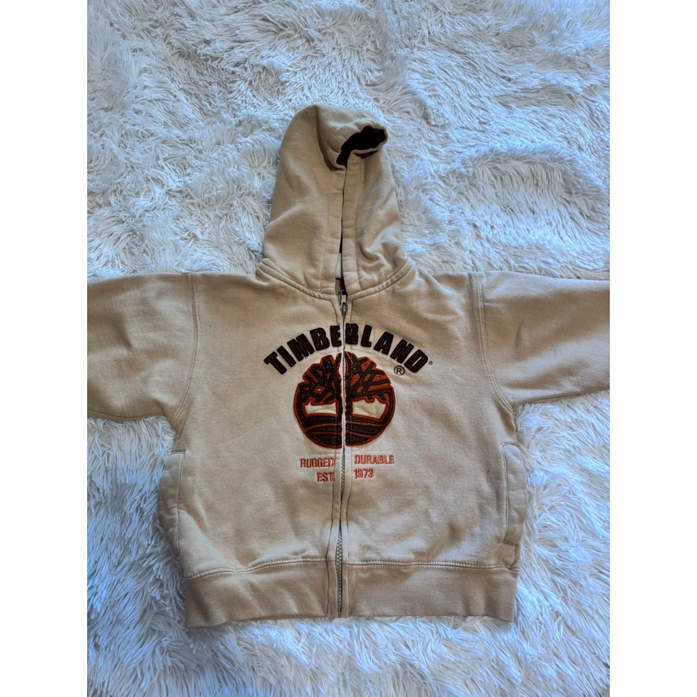 Timberland Kids Tan Full Zip Waffle Lined Hoodie Sweatshirt Size 5 Logo Patch